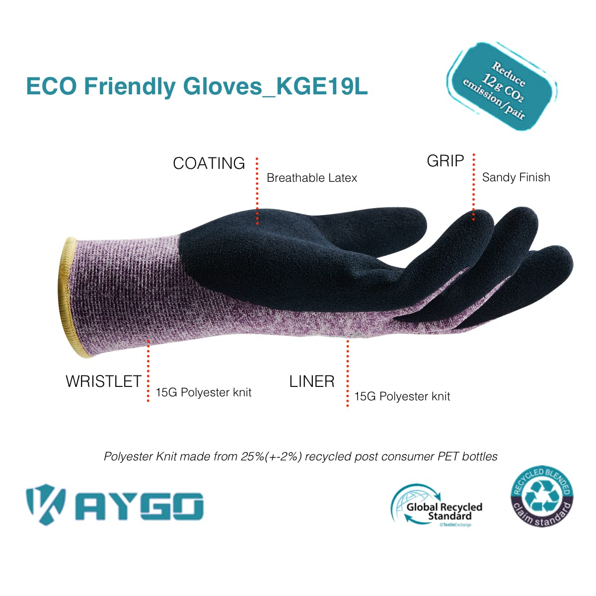 KAYGO Work Gloves for Women, KGE19L Eco Friendly Gloves with Breathable Rubber Coated, 3 Pairs, S, Purple