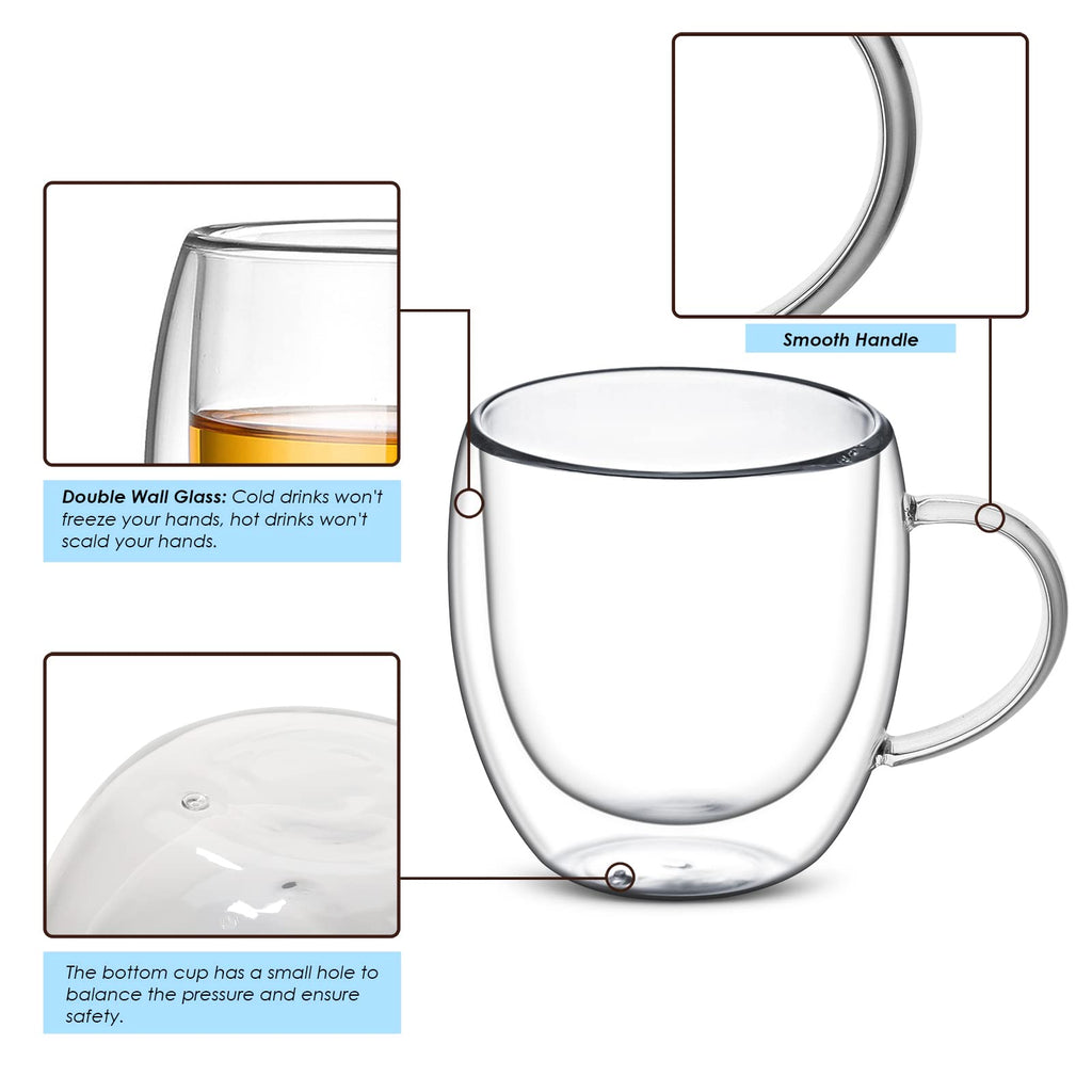 Cappuccino Glass Mugs, Set of 4 Double Walled Espresso Mug Cups Glass Mug Set, Insulated Drinking Glass Coffee Cups with Handle, Clear Glass Mugs for Latte, Cappuccino, Tea Bag, Juice (250ml /8.45oz)