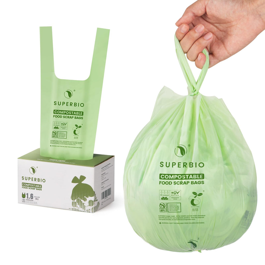 SUPERBIO Compostable Food Scrap Bags, 6L, Small Compost Bags for Counter Top Compost Bin, 50 Count, BPI & OK compost INDUSTRIAL Certified