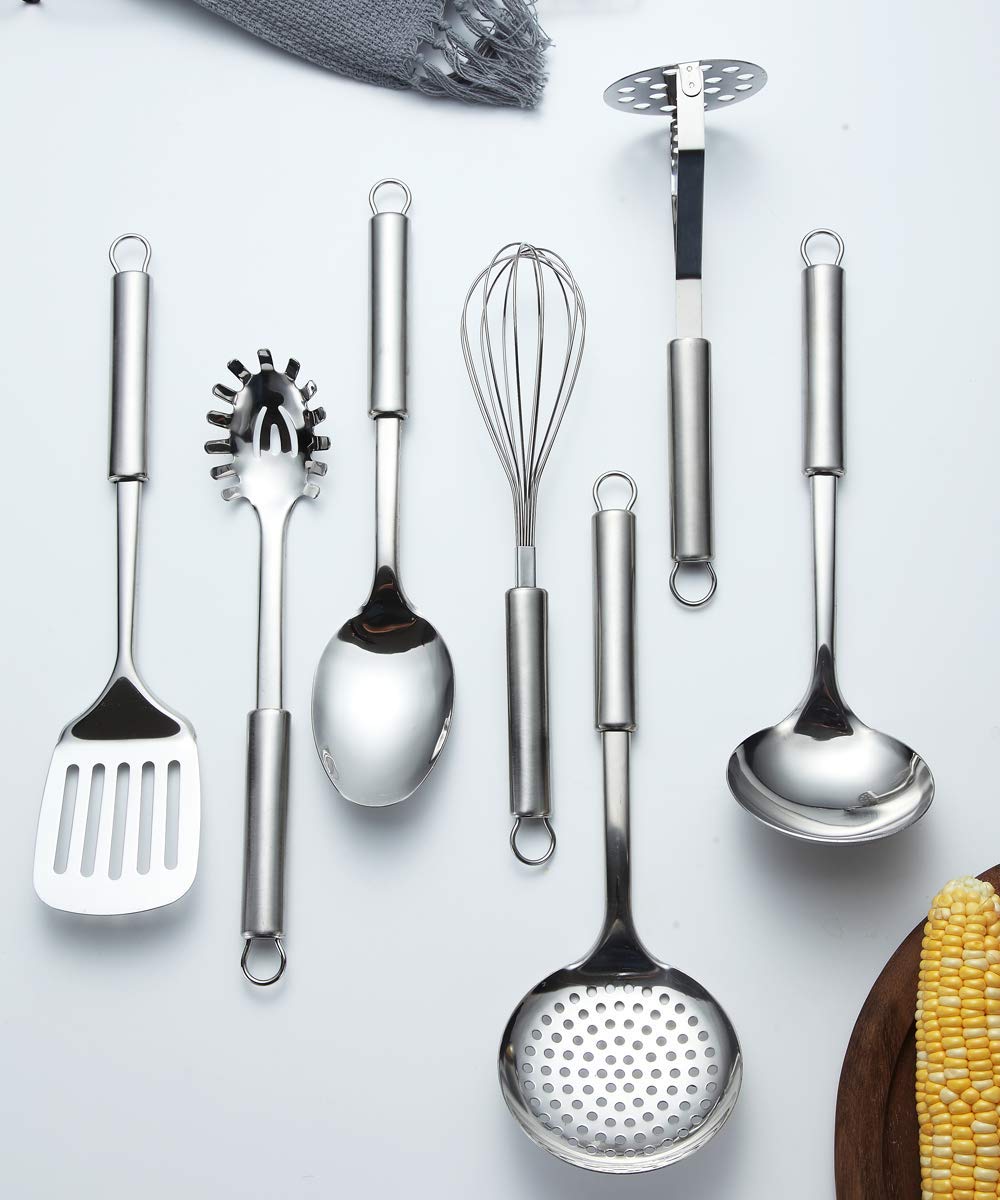 Berglander Stainless Steel Kitchen Utensil 7 Piece with 1 Stand, Slotted Tuner, Ladle, Skimmer, Serving Spoon, Pasta Server,Potato Maseher, Egg Whisk. Kitchen Tool Set. Kitchenware with Holder.