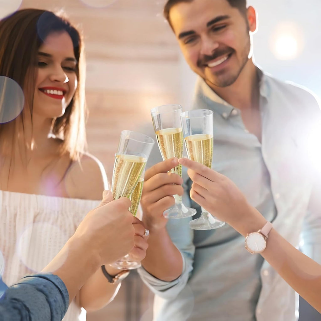 Fenhupe 50 PCS 5 oz Plastic Champagne Flutes Disposable, Clear Champagne Glasses, Easy Assemble Plastic Wine Glasses, Light Plastic Cocktail Glasses for Celebration Wedding Party