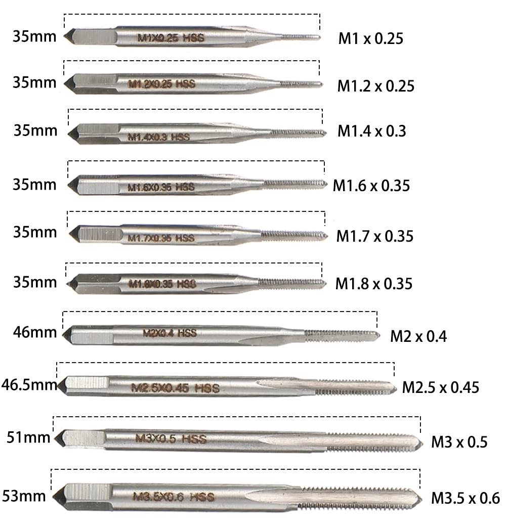 Saipor 10pcs Micro Taps Bit Small Hand Screw Thread Taps M1-M3.5 HSS Mini Metric Plug Tap Screw Tap Drill Tap Drill Set Tapping Tool with Adjustable Tap Wrench 1/16-1/4''