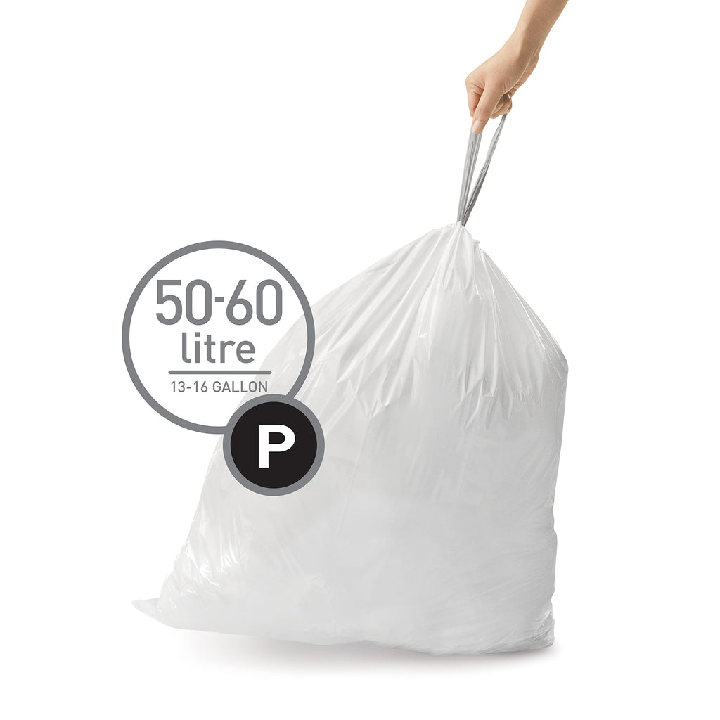 simplehuman Code P 60 Count, Dispenser Pack Custom Fit Liners, Drawstring Trash Bags, 50-60L / 13-16 Gallons, White