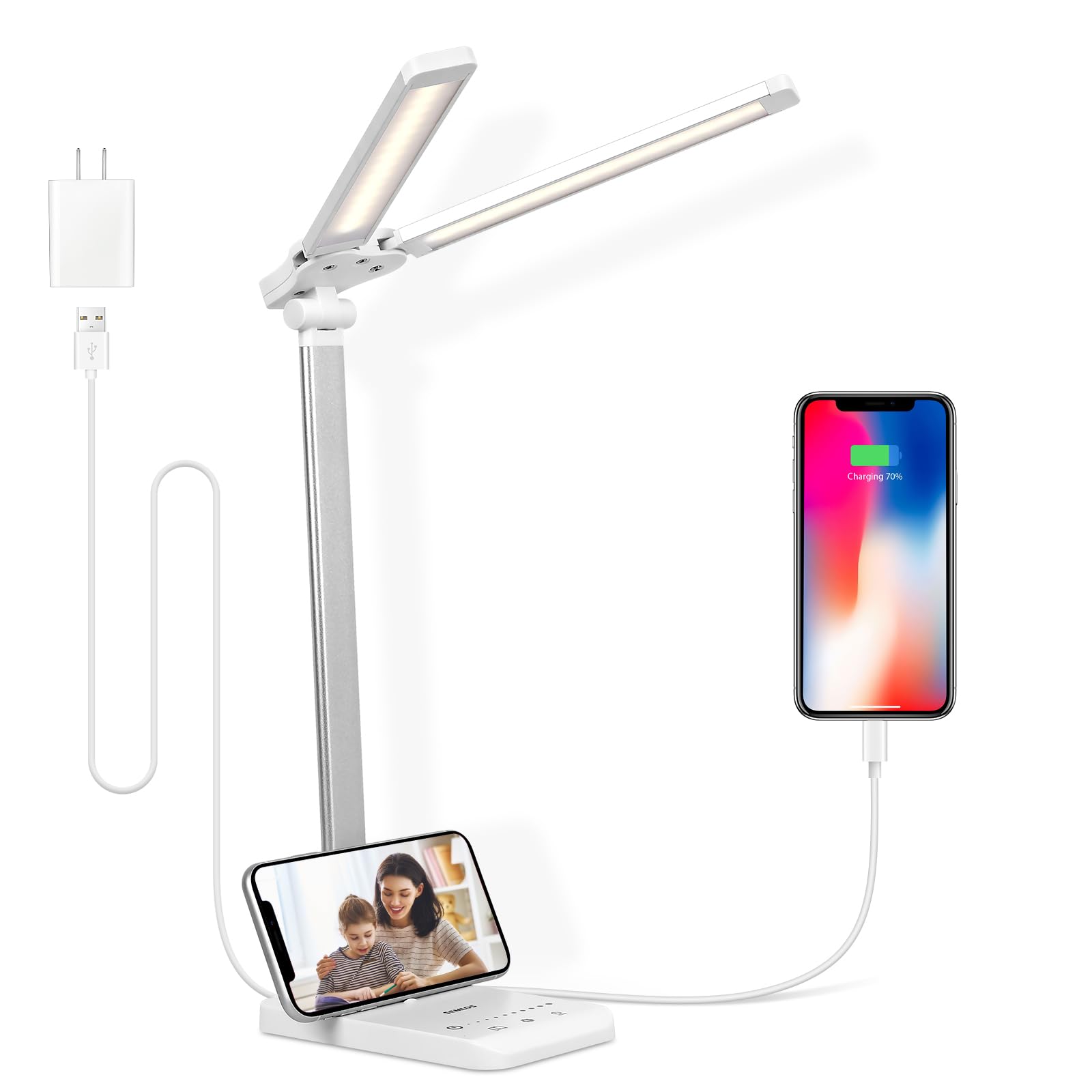 Semlos LED Desk Lamp, Eye-Caring Table Lamps, 5 Lighting Modes & 5 Brightness Levels, Dual-Head, Touch Control, Dimmable Desk Light for Home Office, White, Includes Charger