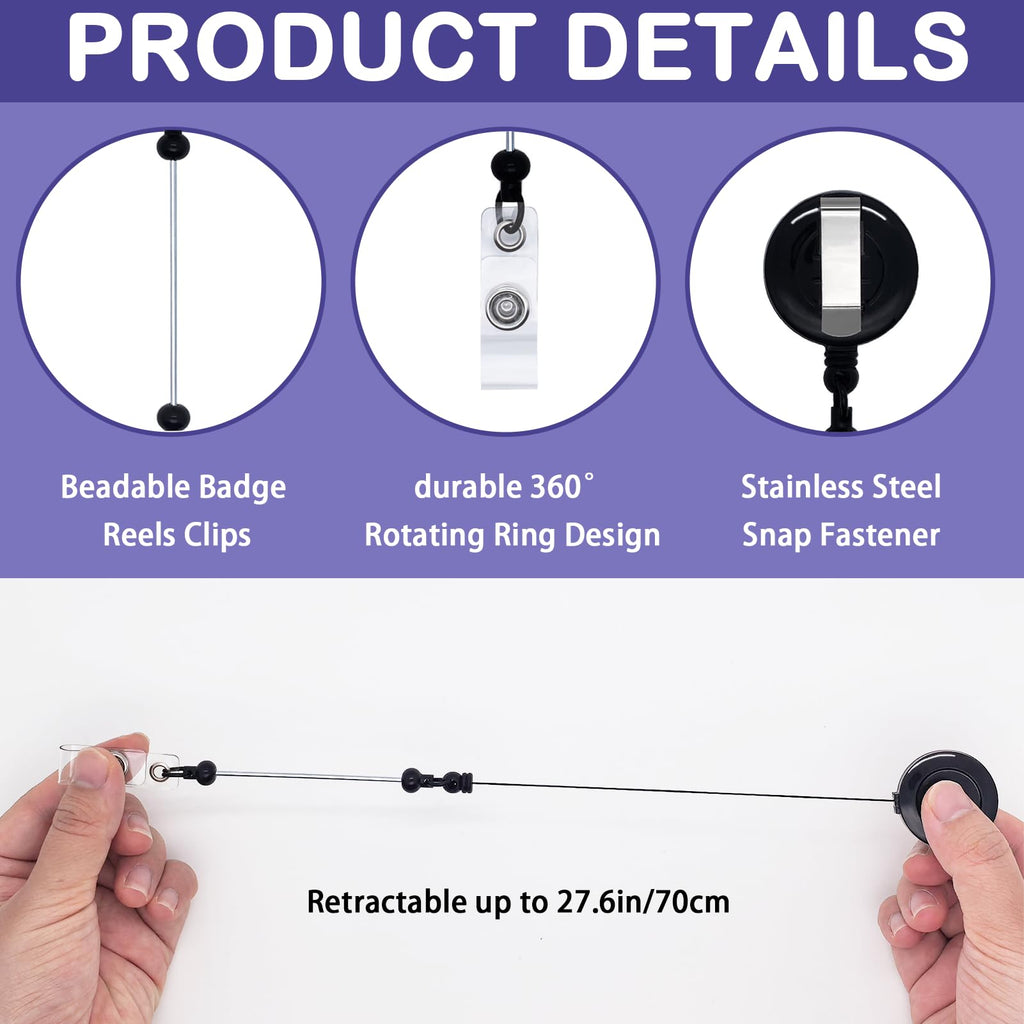 GIWOSK 30 Pcs Beadable Badge Reel Retractable, DIY Blank Badge Reel Kit with Bar for Beads Bulk ID Name, Badge Holder Reel with Belt Clip Beadable Items Gift for Nurse Teacher Office Supplies, Black