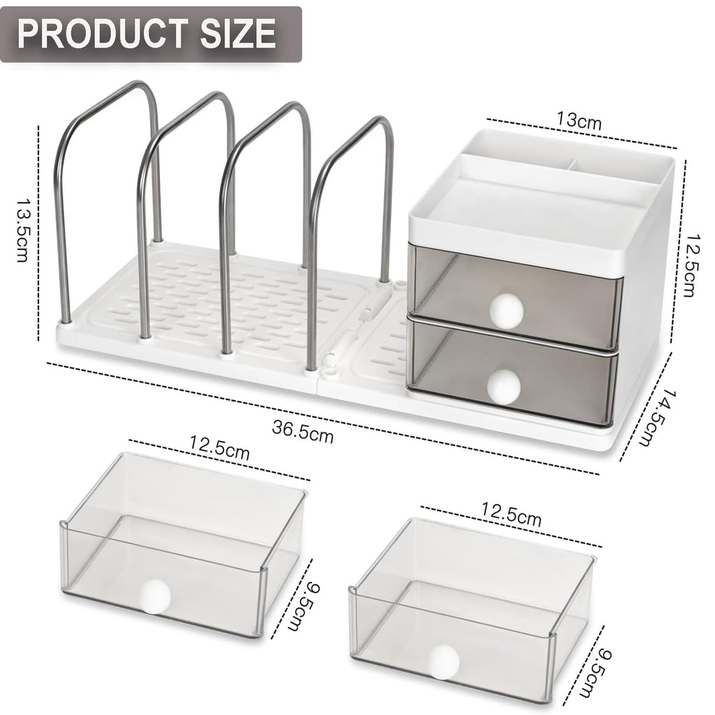 Desk Organiser with File Holder & Drawers, Versatile Desk Tidy Stationery Storage Pen Holder, Large Capacity Desktop Organizer for School Office Home (White)