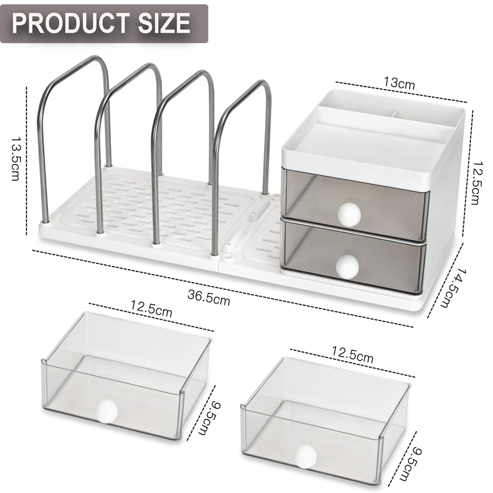 Desk Organiser with File Holder & Drawers, Versatile Desk Tidy Stationery Storage Pen Holder, Large Capacity Desktop Organizer for School Office Home (White)