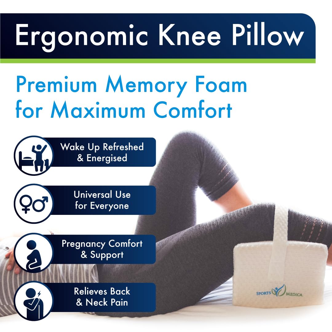 Sports Medica Doctor Developed Ergonomic Knee Pillow for Side Sleepers - eHandbook Included - Memory Foam Spine Alignment Leg Pillow for Sleeping on Side - Hip & Leg Elevation Pillow