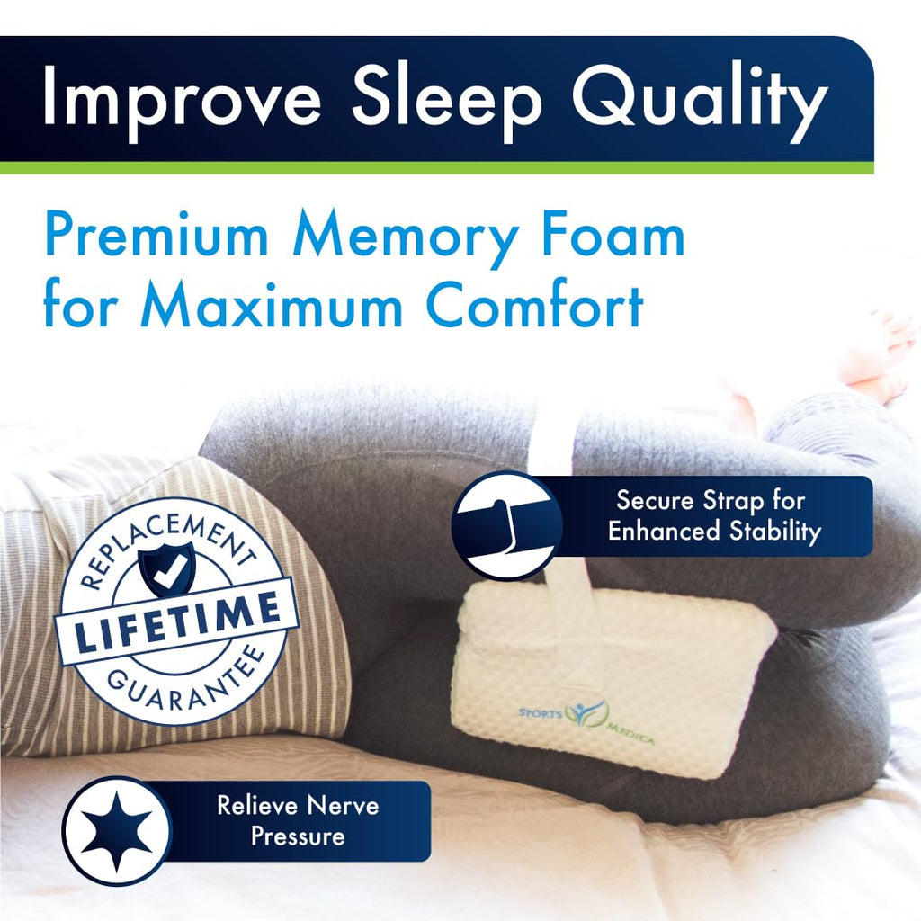 Sports Medica Doctor Developed Ergonomic Knee Pillow for Side Sleepers - eHandbook Included - Memory Foam Spine Alignment Leg Pillow for Sleeping on Side - Hip & Leg Elevation Pillow