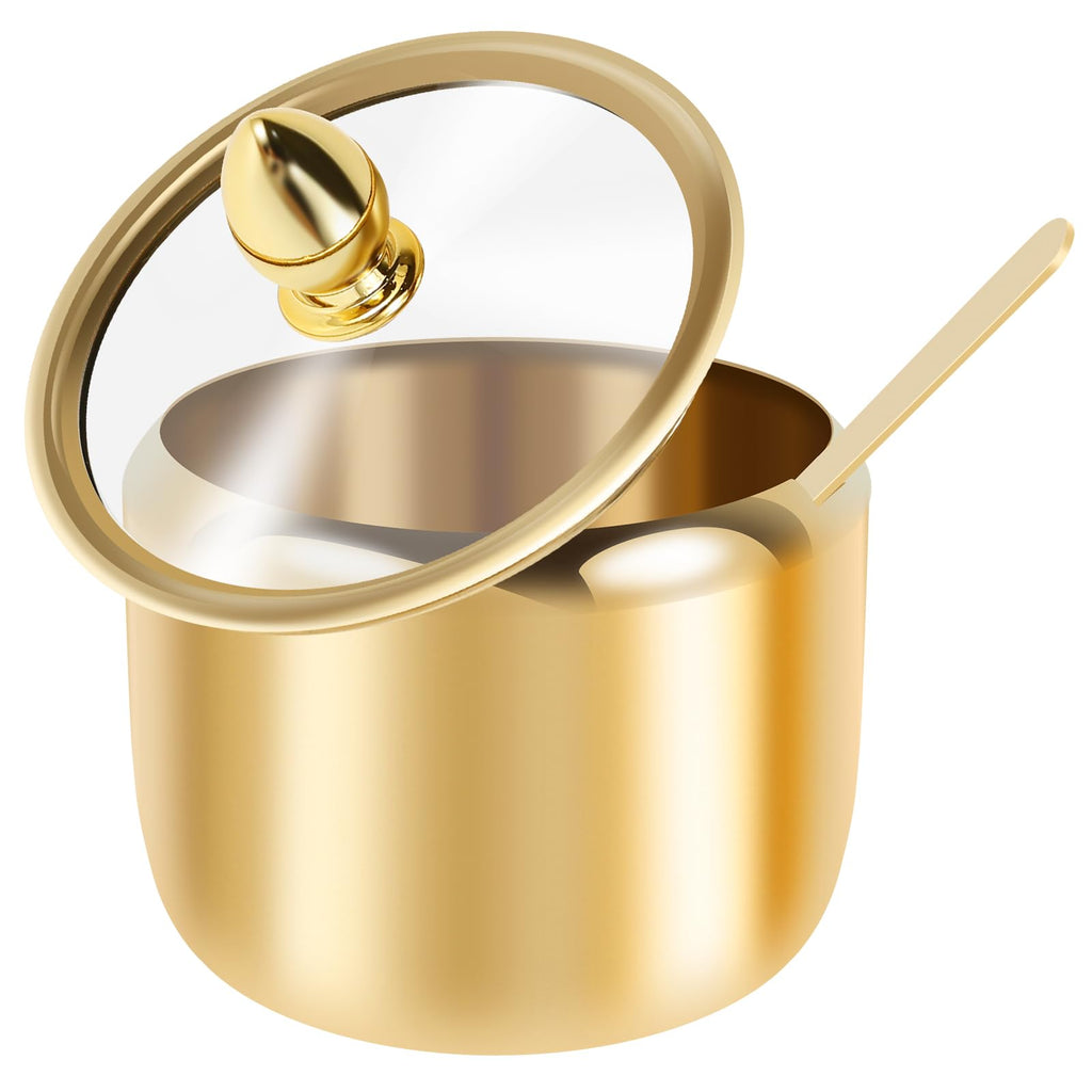 Spice Jar 304 Stainless Steel Sugar Container 10oz Sugar Jar with Clear Glass Lid and Spoon Gold Sugar jar Dishwasher Safe Seasoning Box Condiment Pot for Salt Candy Coffee Bean