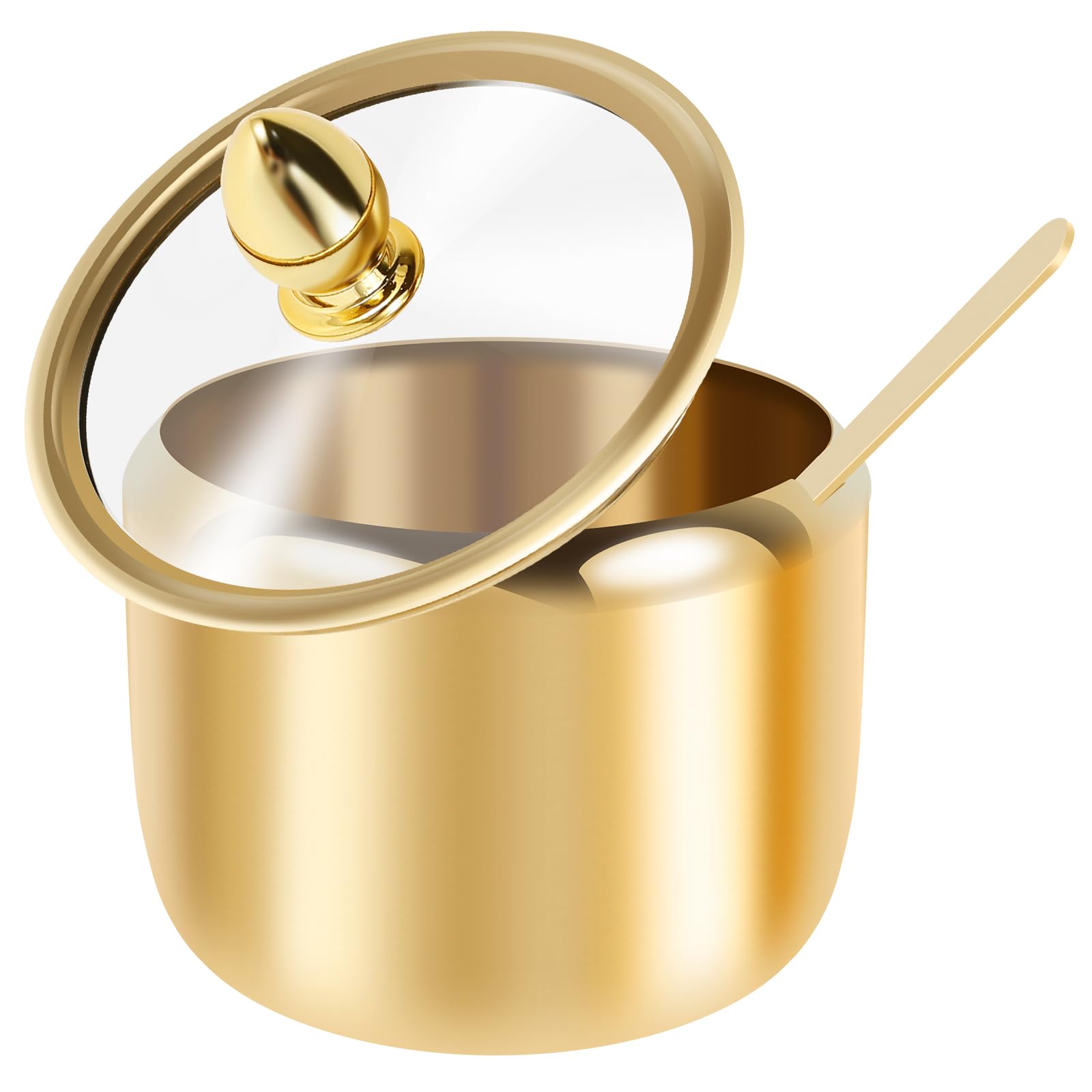 Spice Jar 304 Stainless Steel Sugar Container 10oz Sugar Jar with Clear Glass Lid and Spoon Gold Sugar jar Dishwasher Safe Seasoning Box Condiment Pot for Salt Candy Coffee Bean
