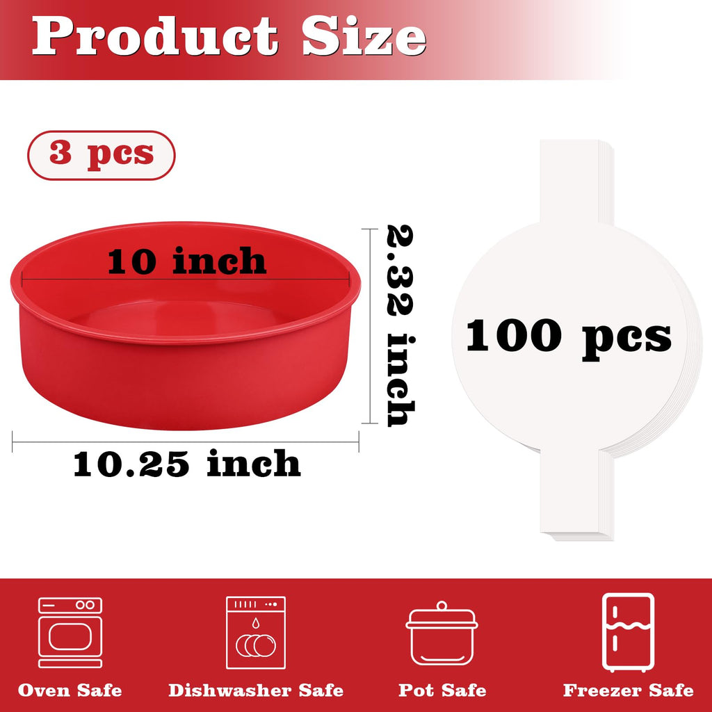 HUAKENER 10 Inch Round Cake Pan, 3 Pack Silicone Cake Molds with 100 Pieces Parchment Paper, Nonstick Cake Molds for Birthday Cakes, Layer Cakes, Cheese Caks, Chocolate Cakes