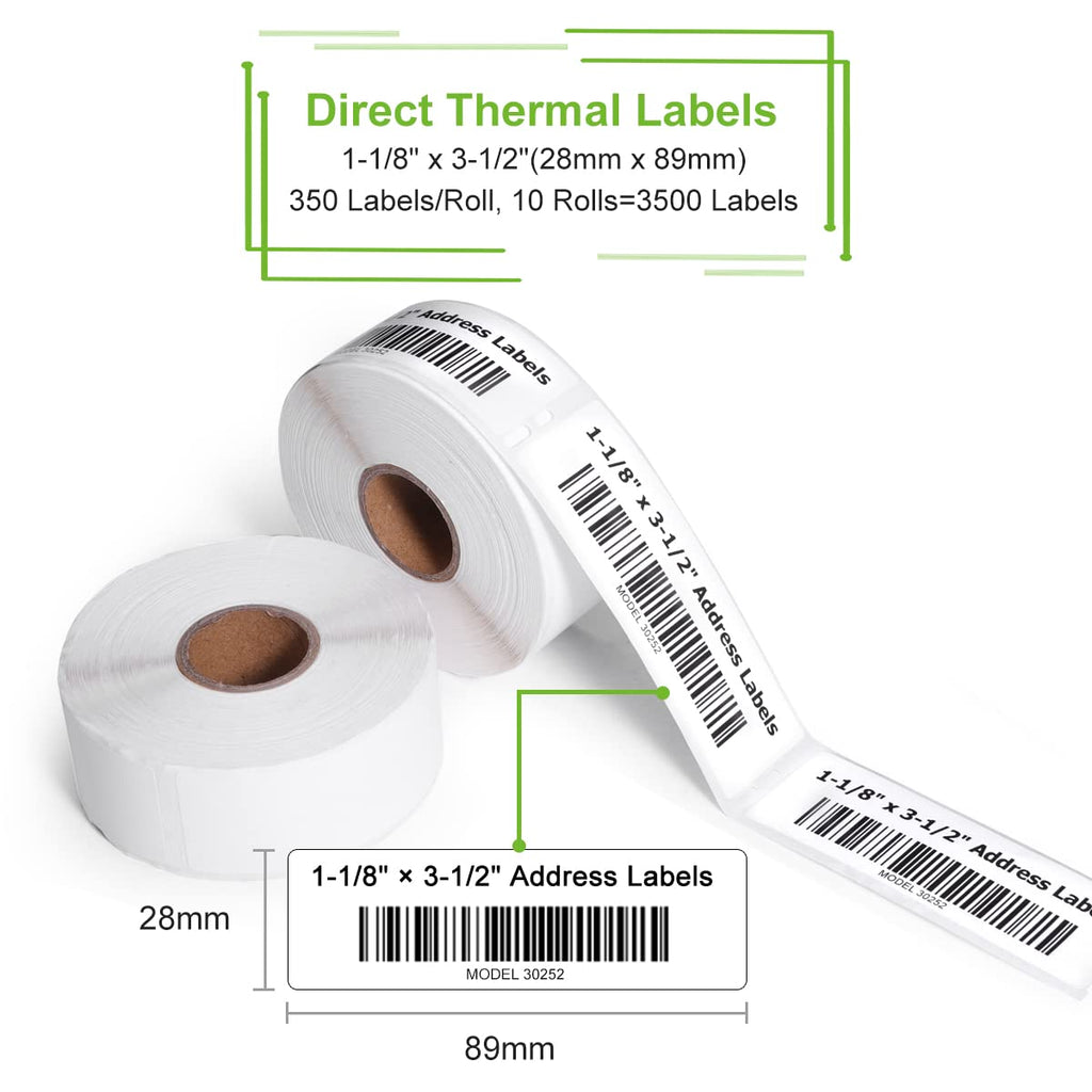 MarkDomain 30252 Compatible with DYMO 30252 1-1/8" x 3-1/2" (28 x 89 mm) Return Address Barcode Shipping Labels, Work with DYMO Label Writer 450, 450 Turbo, 4XL Label Printers, White, 10 Rolls of 350