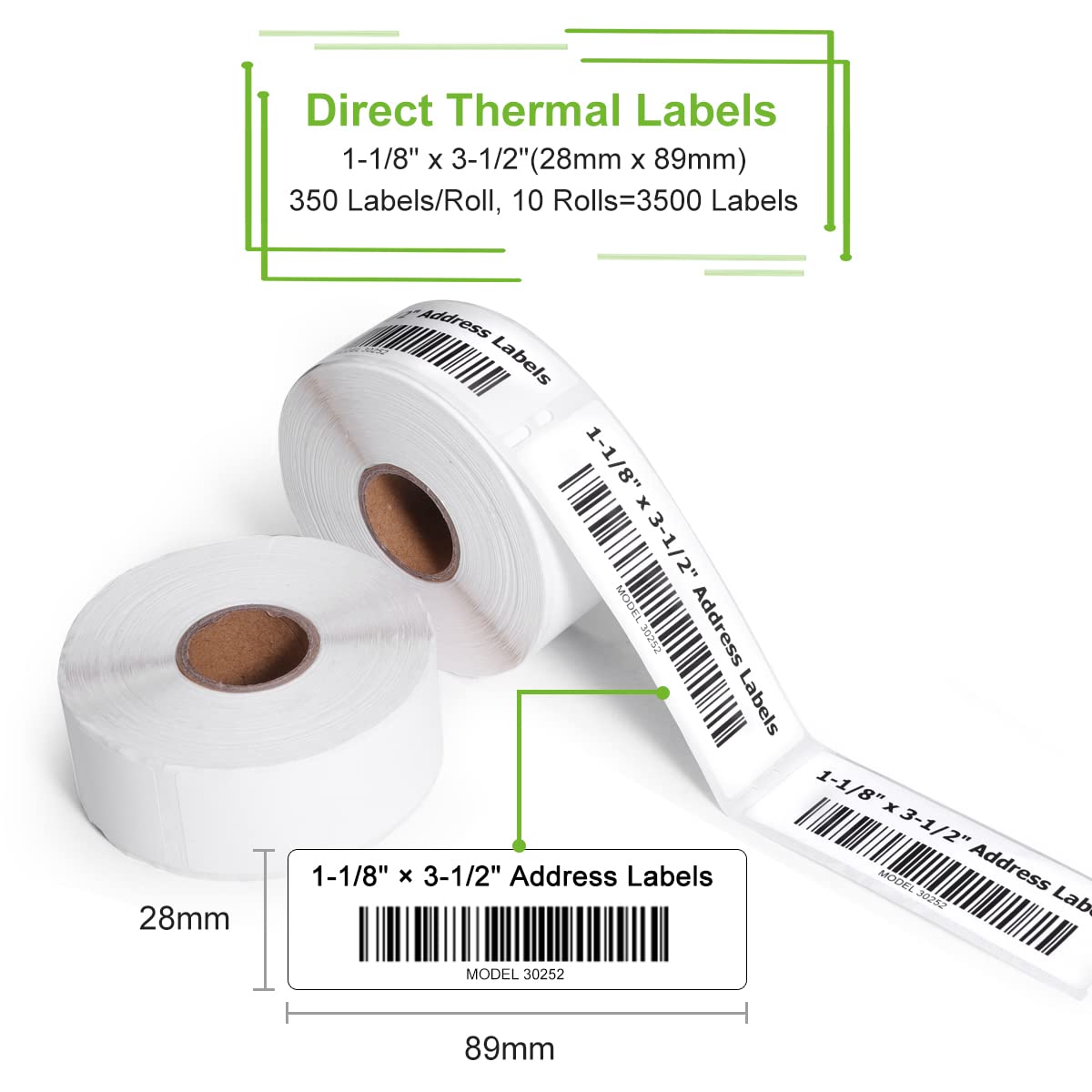 MarkDomain 30252 Compatible with DYMO 30252 1-1/8" x 3-1/2" (28 x 89 mm) Return Address Barcode Shipping Labels, Work with DYMO Label Writer 450, 450 Turbo, 4XL Label Printers, White, 10 Rolls of 350