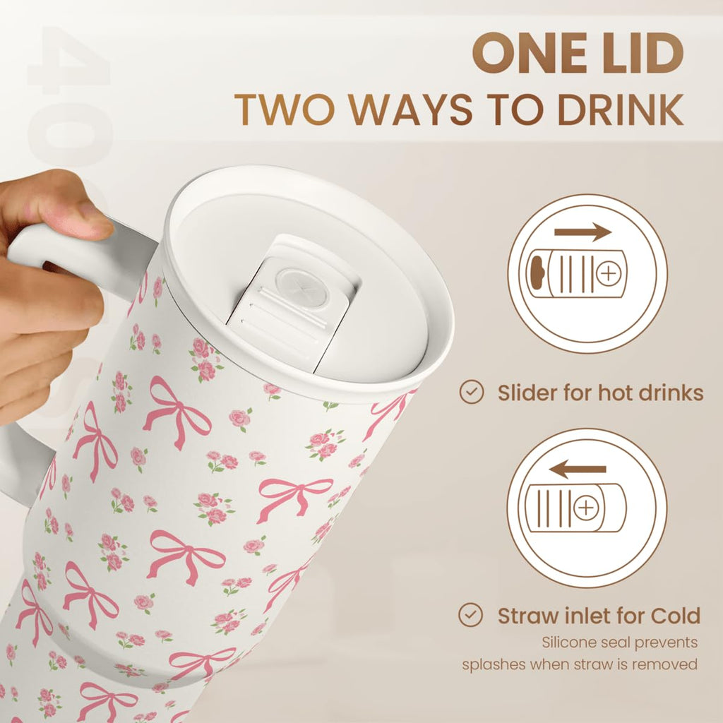 Bow Tumbler with Handle 40oz, Stainless Steel Insulated Tumblers Coffee Travel Cup with Slider Straw Lid, Gifts for Women Teen Girls Birthday