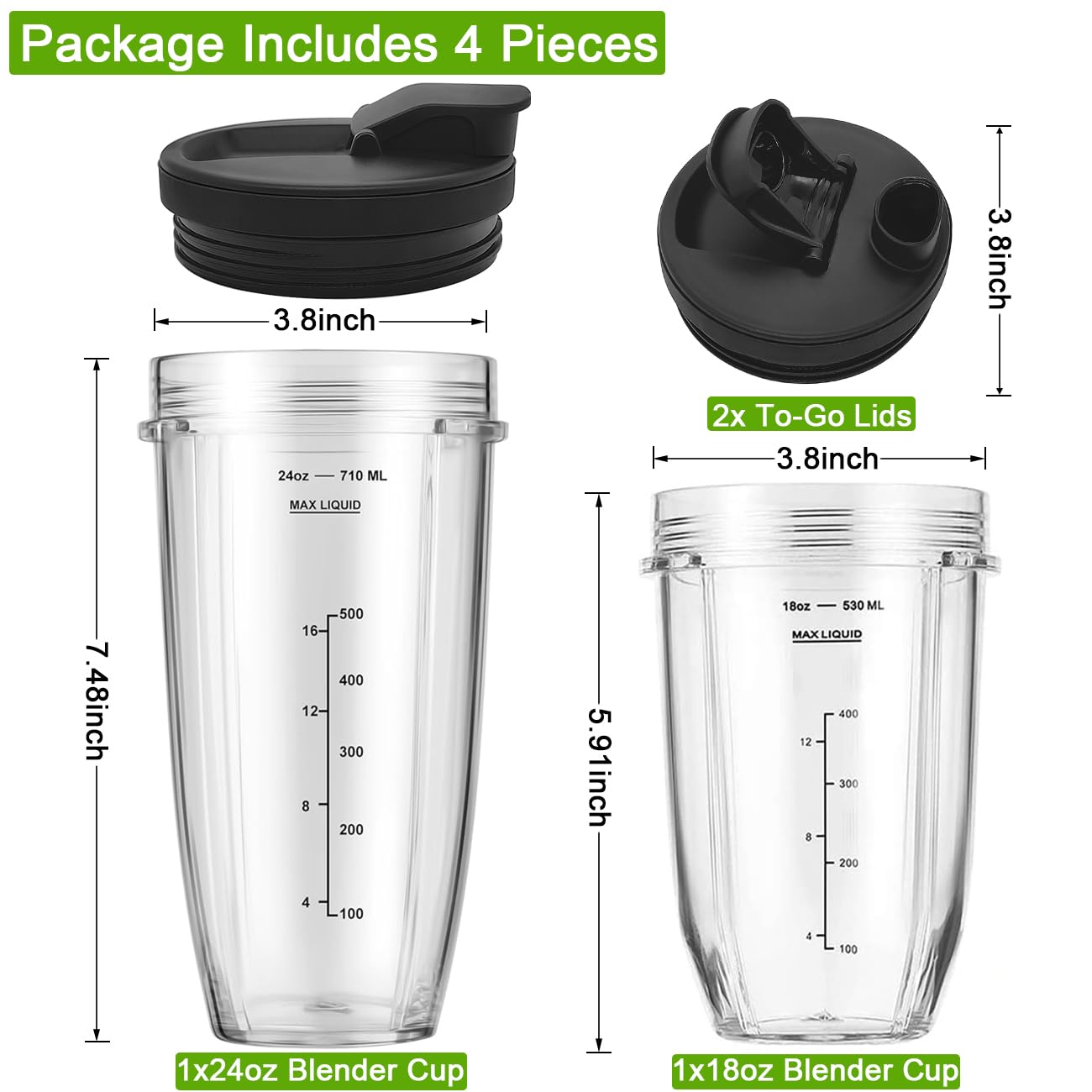 2 Pack Blender Cups Replacement Parts for Ninja, 24oz & 18oz Replacement Smoothie Cups for Nutri Ninja Auto IQ Blenders BL450C BL451C BL481C BN400C BN401C BN750C BN751C BN801C SS101C SS150C SS351C