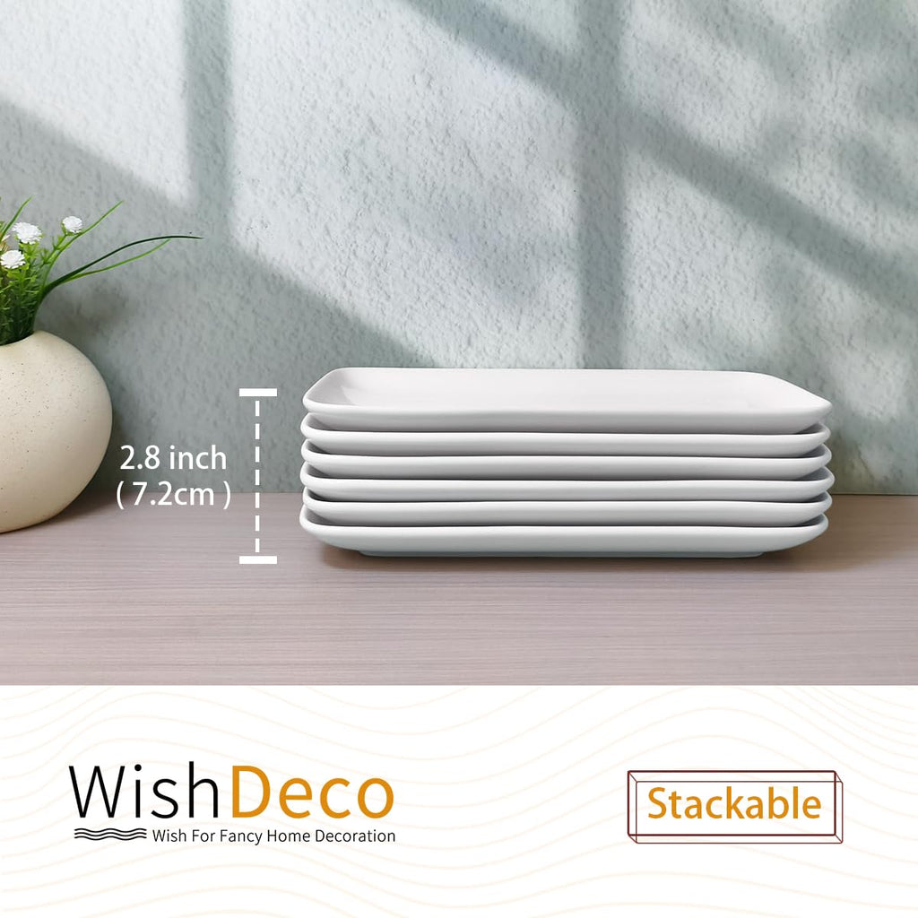 WishDeco Small Rectangle Serving Platters Set of 6, Ceramic Serving Dishes 9 inch / 23 cm, White Serving Tray for Salad, Dessert, Sushi, Party, Side Dish