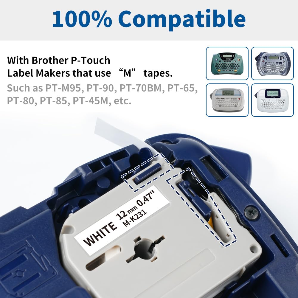 M-K231 Compatible with Brother P-Touch M Tape PT-M95 MK231 M231 12mm 0.47Inch Label Maker Tape for Brother PTM95 PT-70 PT-90 PT-65 PT85, Black on White, 1/2'' x 26.2', 4-Pack