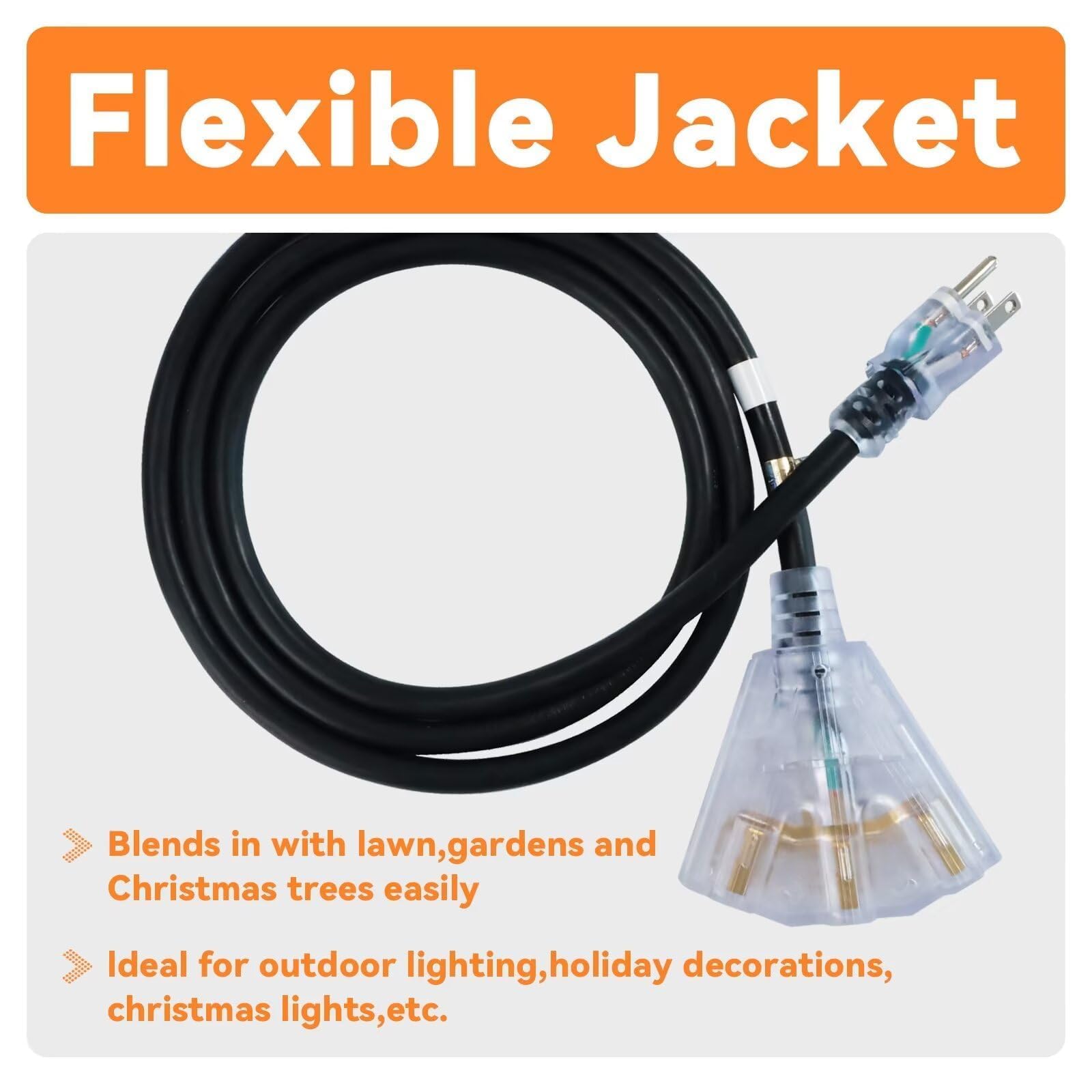 EP 6 Ft 12 Gauge Heavy Duty Extension Cord, 15A 125V 1875W, 3 Outlet Indoor/Outdoor Power Cord with Lighted End, 12/3 SJTW Weatherproof Black, UL Listed