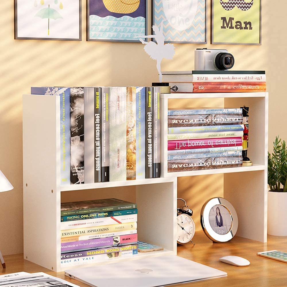 Expandable Wood Desktop Bookshelf Desktop Organizer Office Storage Rack Wood Display Shelf - Free Style Display True Natural Stand Shelf Rack Assembled Bookcase Adjustable Display Rack, White