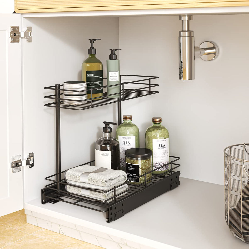 FANHAO Pull Out Cabinet Organizer, 2 Tier Wire Basket Under Sink Slide Out Storage Shelf with Sliding Drawer Storage - 10.43W x 17.32D x 14.56H, Request at Least 12 inch Cabinet Opening, Matte Black