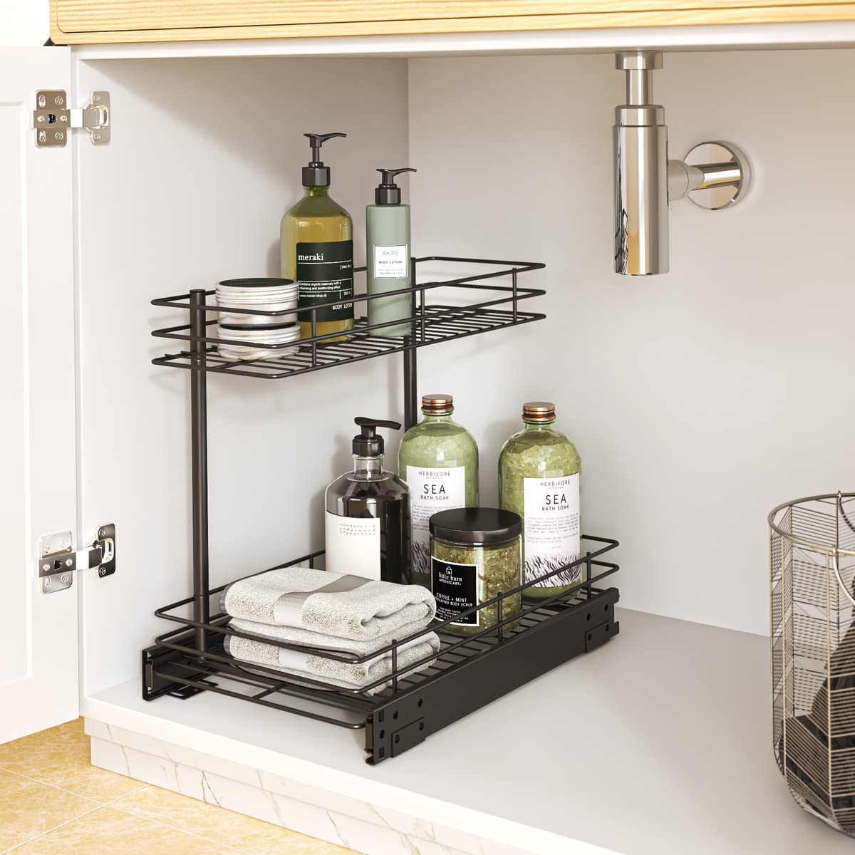 FANHAO Pull Out Cabinet Organizer, 2 Tier Wire Basket Under Sink Slide Out Storage Shelf with Sliding Drawer Storage - 10.43W x 17.32D x 14.56H, Request at Least 12 inch Cabinet Opening, Matte Black