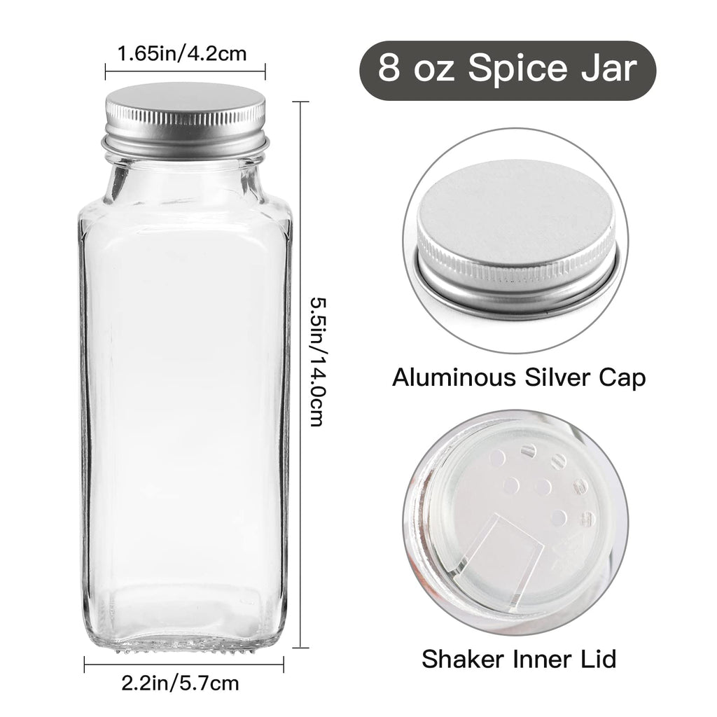 16 Pack 8oz Glass Spice Jars,Clear Square Seasoning bottles with Silver Caps and Shaker Lids,40pcs Black Labels,1 Funnel and 1 Brush for Kitchen Storage