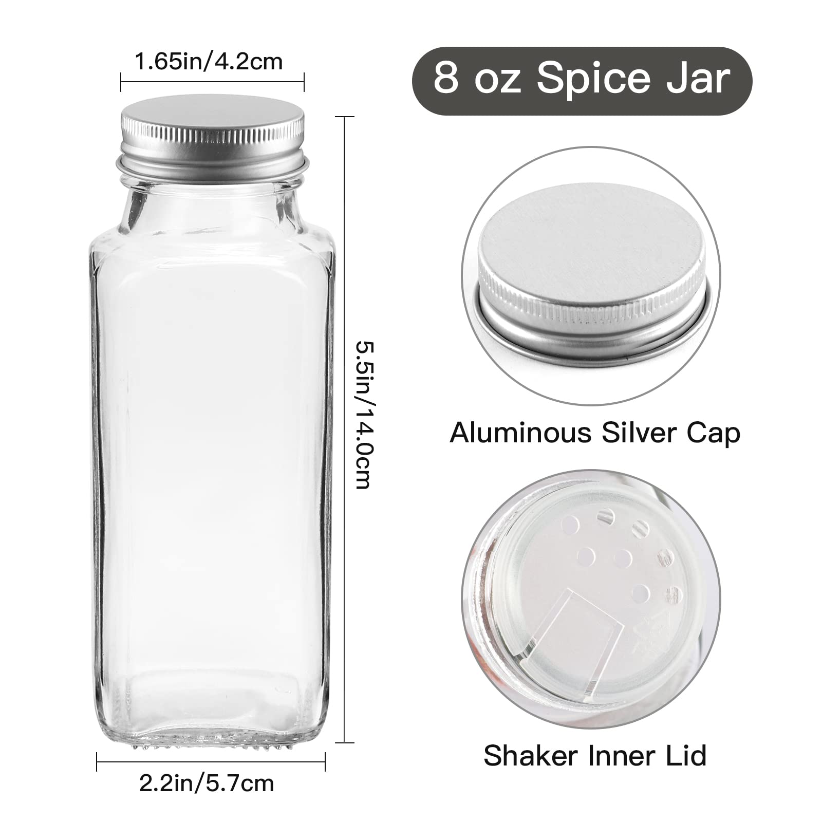 16 Pack 8oz Glass Spice Jars,Clear Square Seasoning bottles with Silver Caps and Shaker Lids,40pcs Black Labels,1 Funnel and 1 Brush for Kitchen Storage