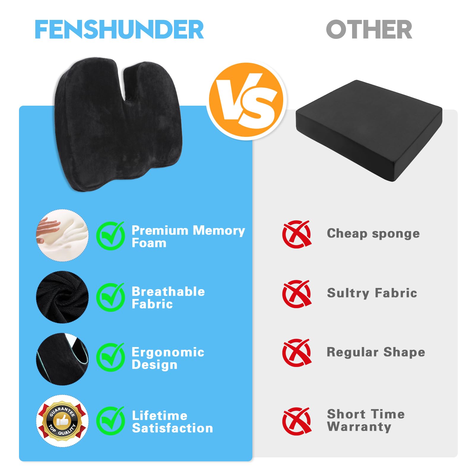 Fenshunder Seat Cushion for Sciatica Relief – Large Ergonomic Memory Foam Pad for Lower Back & Tailbone Support – Orthopedic Cushion for Car, Office Chair, Truck & Wheelchair (Black)