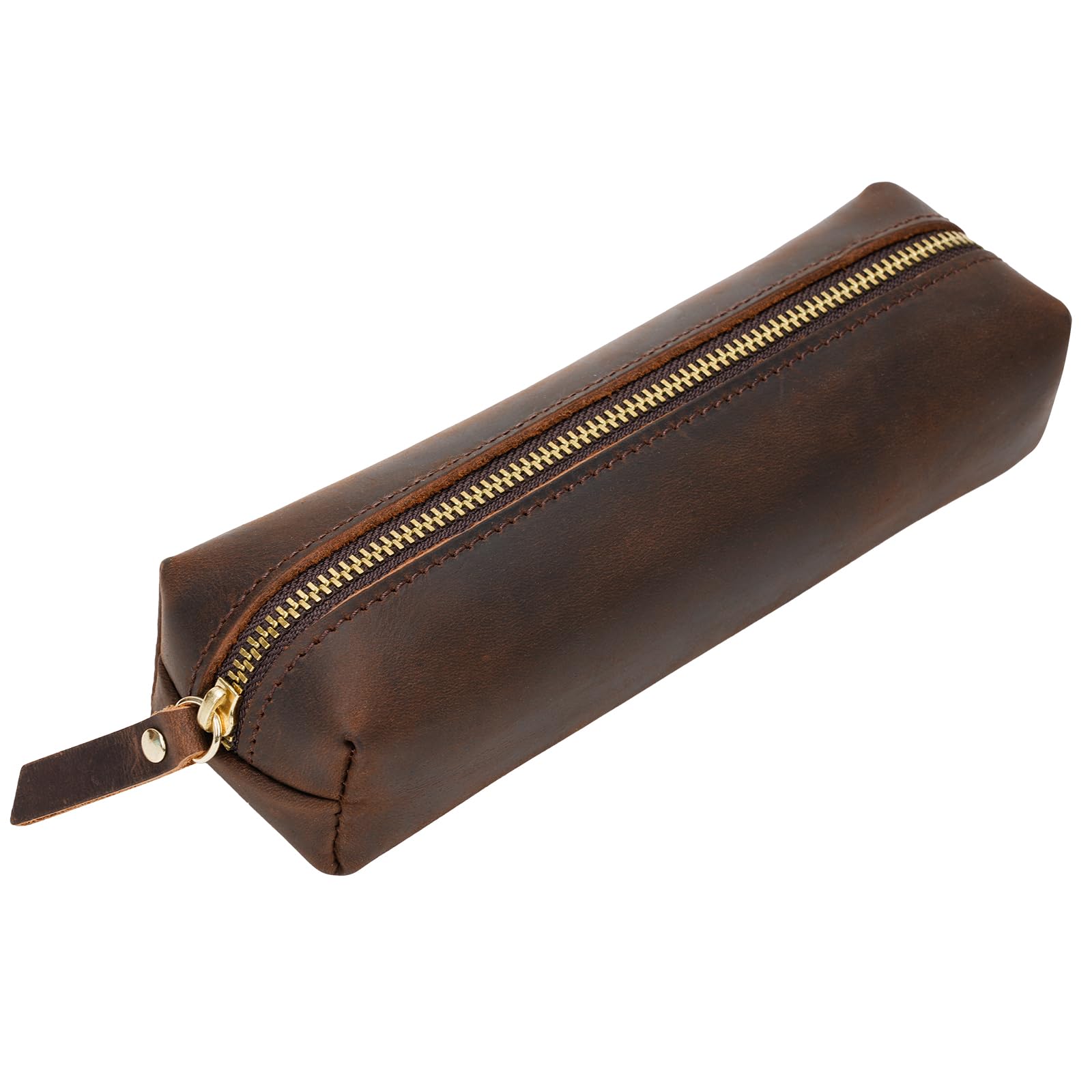 ECHSRT Small Pencil Pouch-Full-Grain Leather Pencil Case for Men- Vintage Genuine Leather Pouch for Adults-Stationery Organizer Bag for Work & Travel-Square-Coffee
