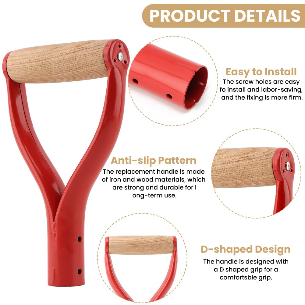 Shovel D Grip Handle, 3.1cm/1.22inch Inner Diameter Metal Spade Snow Shovel Replacement Handle with Comfortable Grip, Shovels Replacement for Garden Digging Raking Tool(Red)