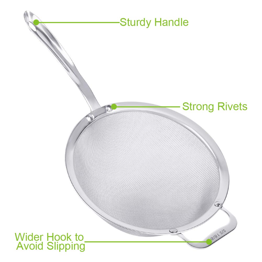 Stainless Steel 18/8 Mesh Strainer, 30 Mesh Extra Fine Quinoa Sieve, with Solid Sturdy Handle, 9" Large Flour Filter with Wider Hook