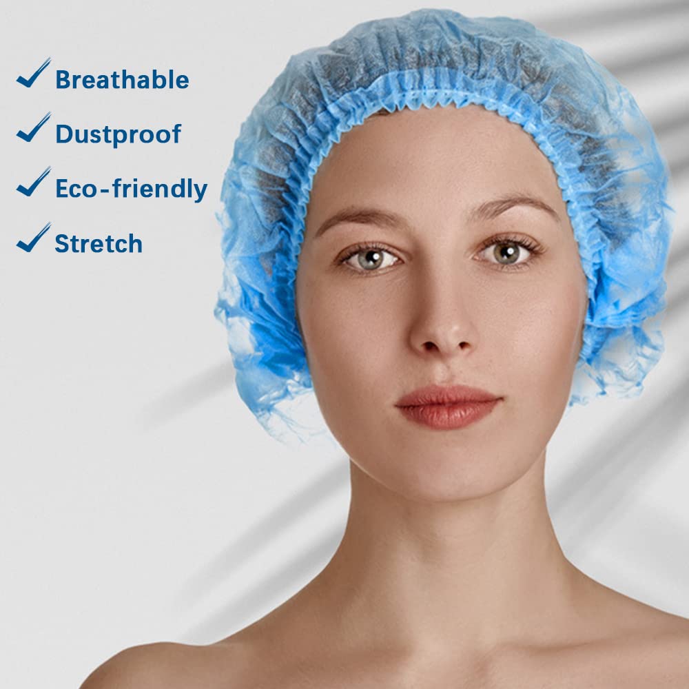 200 PCS Disposable Nonwoven Bouffant Caps Hair Net Cap Free Size Elastic Cap, TIE-DailyNec Non-Woven Strip Cap for Food Service Beauty Kitchen Hospital and Workspace (Blue)
