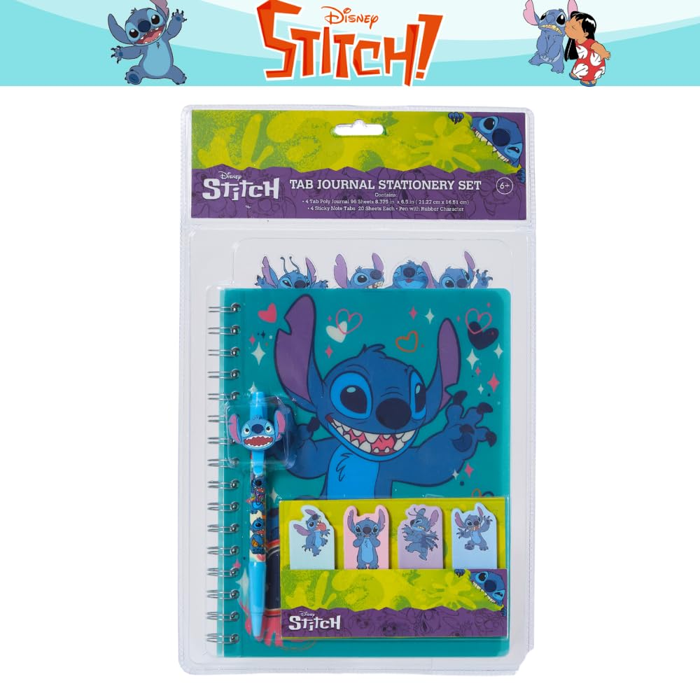 Disney Stitch Tab Journal Spiral Notebook, Ballpoint Pen, Sticky Tabs, 96 Lined Pages, Blue