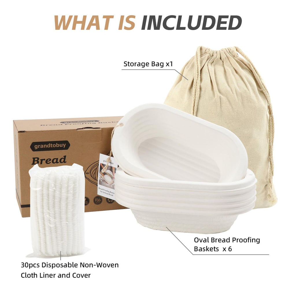 Pulp Banneton Bread Proofing Basket 11 inch Oval Bread Basket Sourdough Bread Baking Supplies Brotform Set 6 with Storage Bag 30pcs Dispoable Liners for Professional Homemade Bread