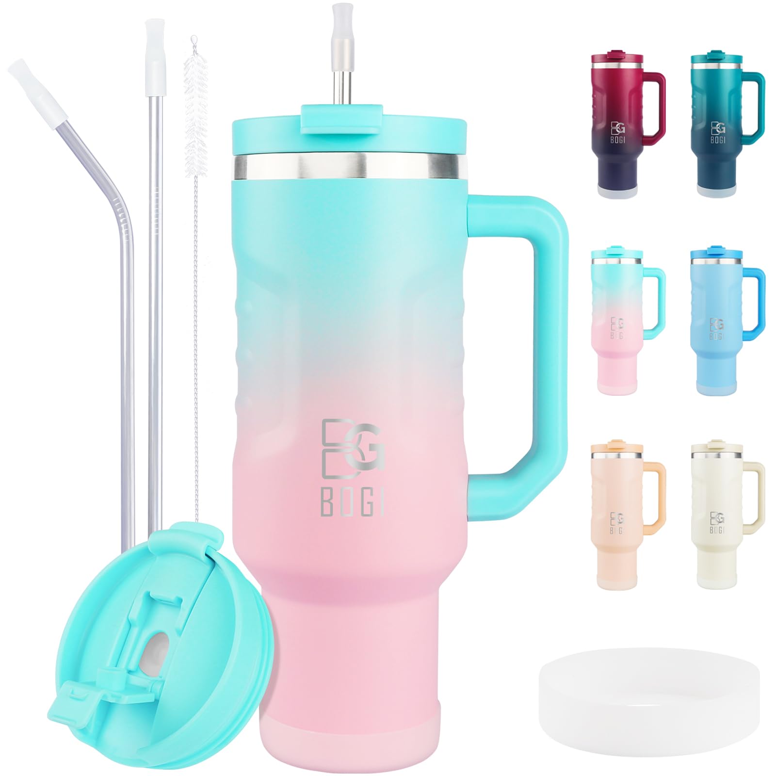 BOGI 40oz Tumbler with Straw and Lid, Insulated Tumbler with Handle for Hot and Cold Drinks Double Wall Stainless Steel Tumbler with 2 in 1 Air Tight Lid Leak Proof Travel Mug | Sky Blue Pink