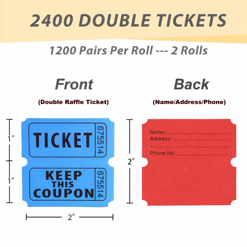 Homrelaxy 2400 Double Raffle Tickets, 1200 Tickets Per Roll, Assorted 50/50 Raffle Tickets Roll, for Events, Entry, Carnivals, and Door Prizes (Blue/Red)