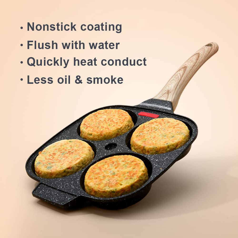 Nonstick Egg Pan, Egg Frying Pan 4 Cups Pancake Pan for Breakfast, Fried Egg Pan Suitable for Gas & Induction (Black)