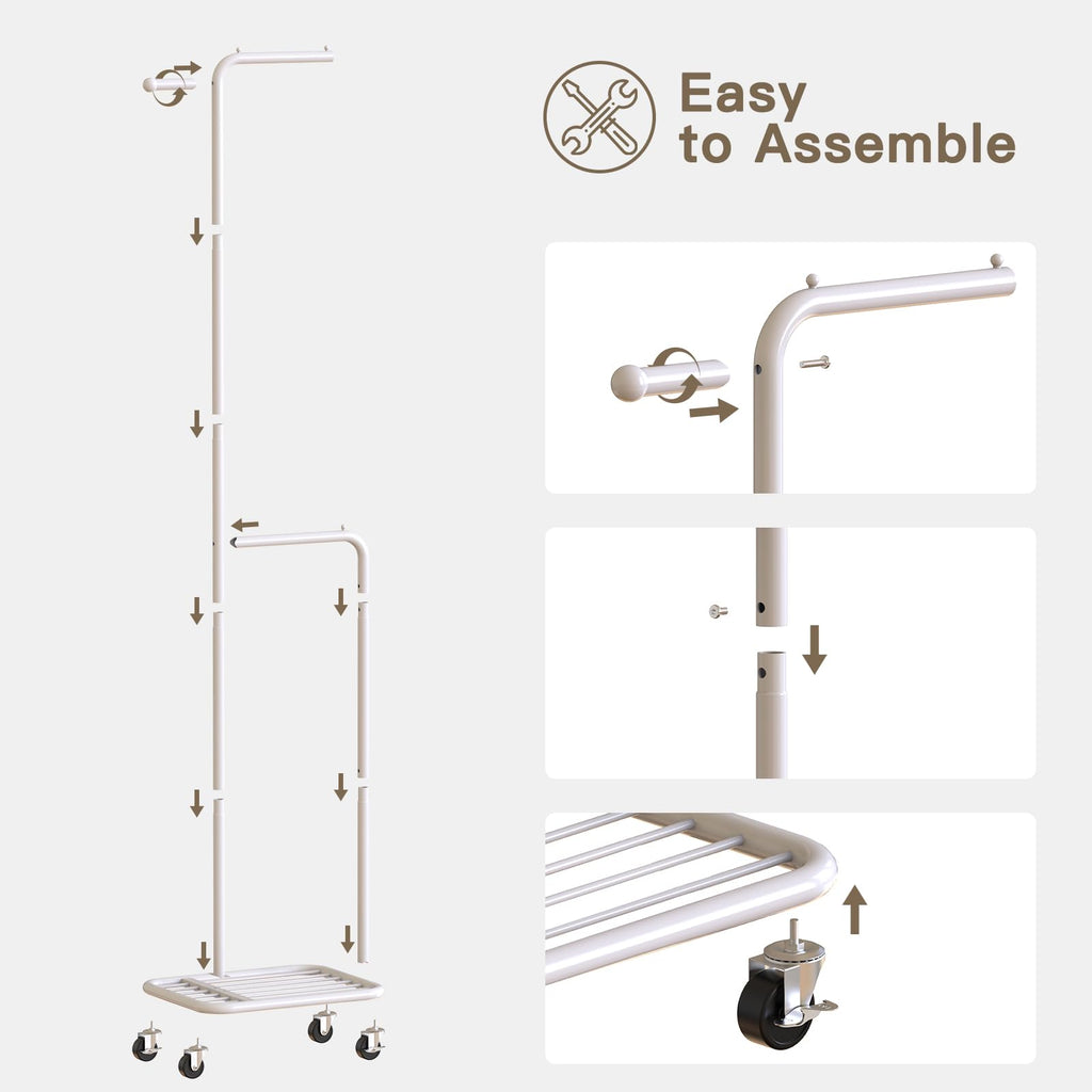 Gasvadivum Small Clothes Rack with Wheels, 71" Portable Rolling Clothing Rack with Bottom Metal Shelf, Garment Rack with Hanging Rod, Sturdy Freestanding Coat Rack for Bedroom, Entryway, White