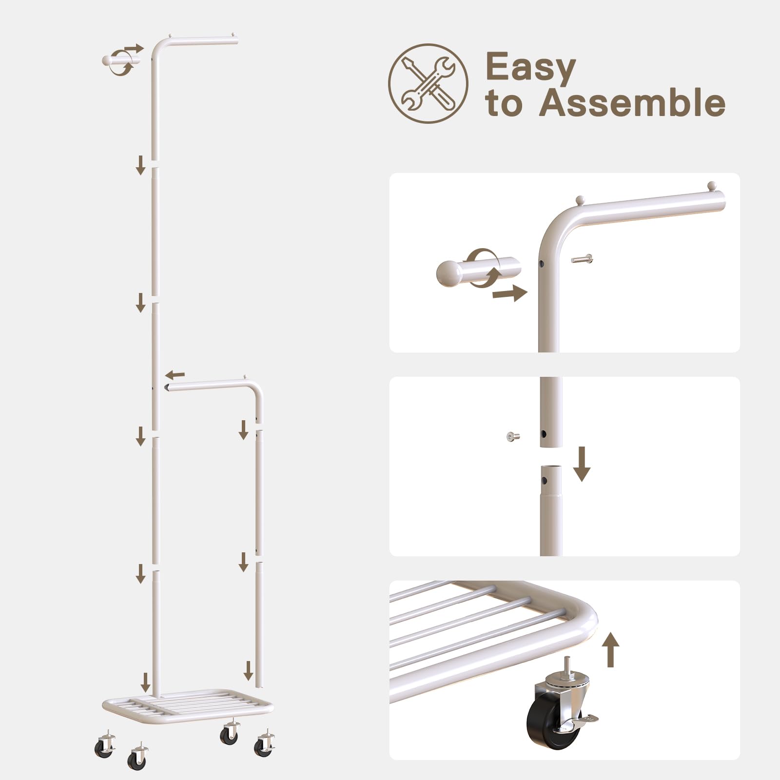 Gasvadivum Small Clothes Rack with Wheels, 71" Portable Rolling Clothing Rack with Bottom Metal Shelf, Garment Rack with Hanging Rod, Sturdy Freestanding Coat Rack for Bedroom, Entryway, White