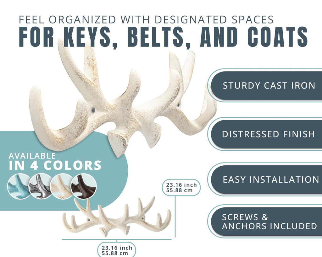 Comfify Vintage Cast Iron Deer Antlers Wall Hooks Antique Finish Metal Clothes Hanger Rack w/Hooks - 4.5"x1.5" - in Antique White