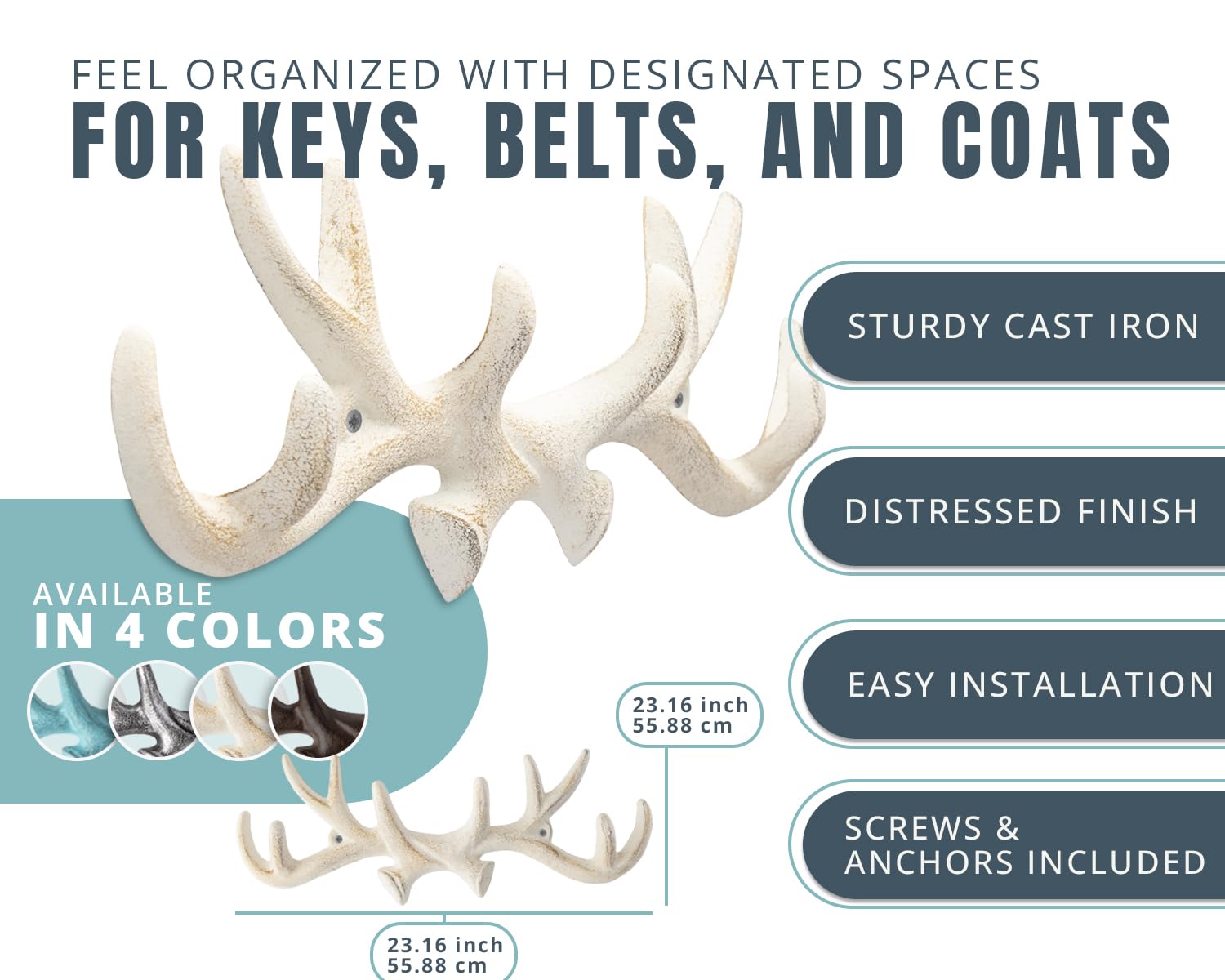 Comfify Vintage Cast Iron Deer Antlers Wall Hooks Antique Finish Metal Clothes Hanger Rack w/Hooks - 4.5"x1.5" - in Antique White