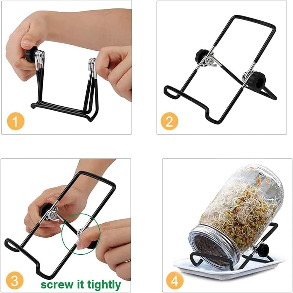 CAVLA 4 Pcs Sprouting Jar Lids with 4 Pcs Sprouting Brackets, Stainless Steel Mason Jar Lids Bean Sprout Making Tool, Germination Filter Lid Sprouting Stands Kit for Seeds Beans Cultivation
