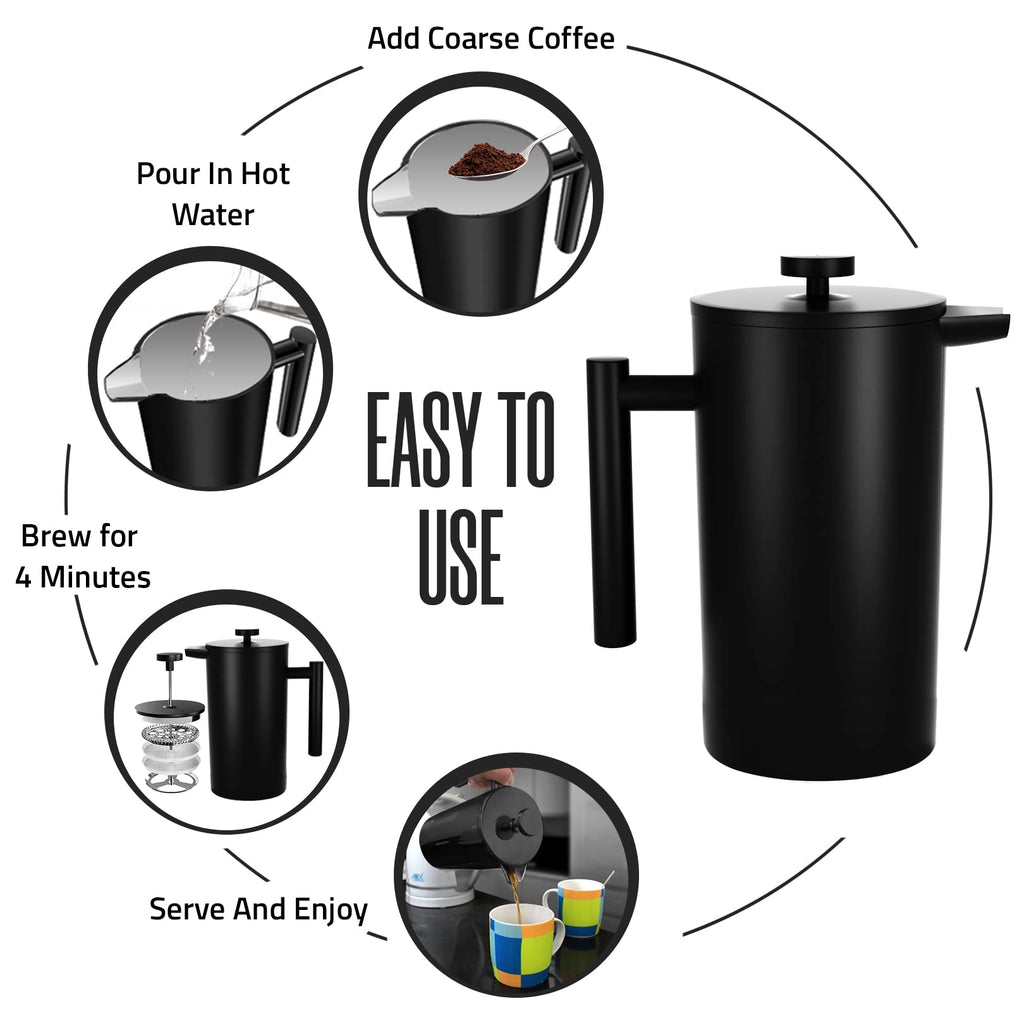 KICHLY - 50 OZ French Press, Stainless Steel Double Walled Insulated Coffee Press with Refined Filters, Espresso and Tea Maker - Black