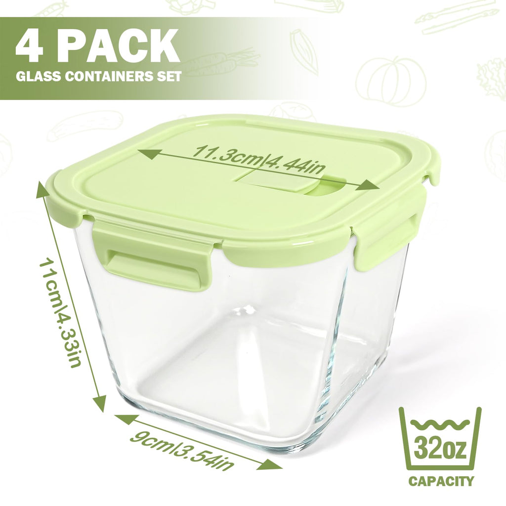 Glass Container Food Storage 32 oz, 4 Cup Overnight Oats Jar, Oven & Microwave Safe Deli Containers with Lids, Freezer Containers for Kitchen, Take Out and To Go, Soup Containers for Food Prep, 4 Pack