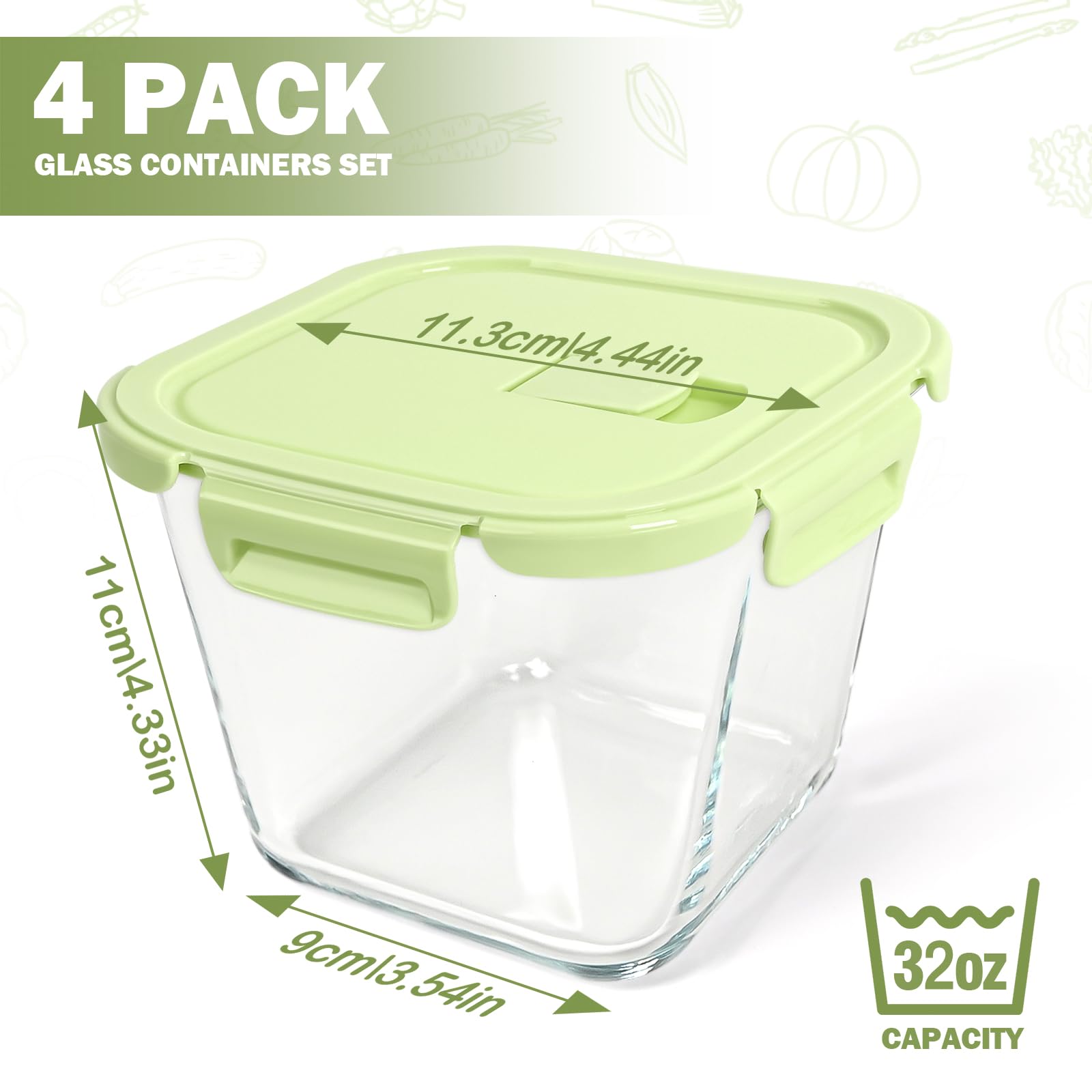 Glass Container Food Storage 32 oz, 4 Cup Overnight Oats Jar, Oven & Microwave Safe Deli Containers with Lids, Freezer Containers for Kitchen, Take Out and To Go, Soup Containers for Food Prep, 4 Pack