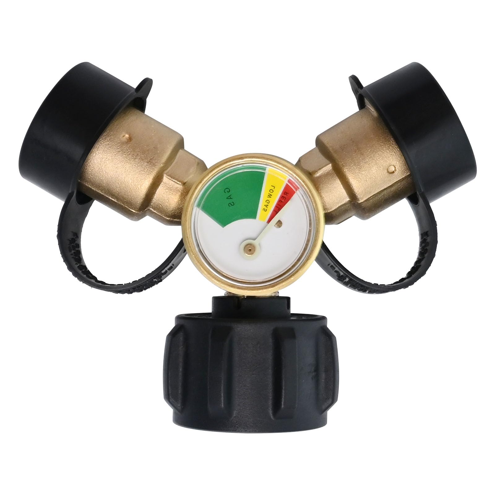 Anxingo Propane Y Splitter Adapter with Gauge and Shut-Off Valve 100% Solid Brass LP Gas Tee Connector with Male QCC and 2-Female QCC for LP Tank Cylinder BBQ Grill Heater Stove and More