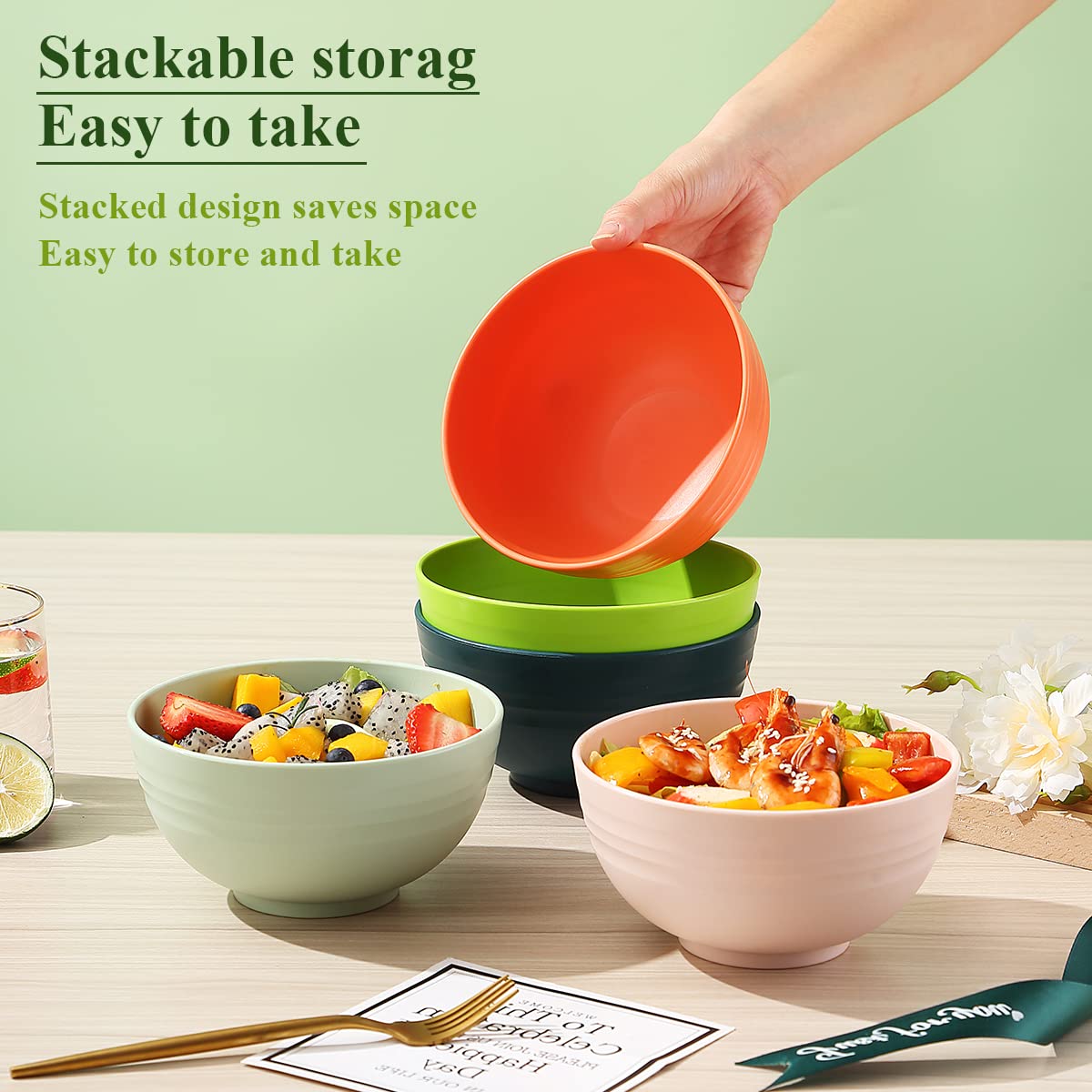 Berglander 26 oz Plastic Bowls Set of 8 Colors, Reusable and Sturdy Unbreakable Bowl for Soup,RSet of 8 Colorsamen, Popcorn,Salad, Cereal, Microwave Safe Dishwasher Safe