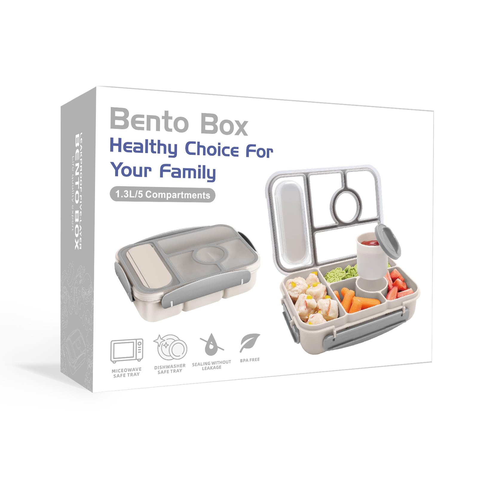 Amathley Bento Box Adult Lunch Box Kids,Lunch containers for Adults/Kids/Toddler,5 Compartments bento Lunch Box for Kids with Sauce Vontainers,Microwave & Dishwasher & Freezer Safe (Milky)