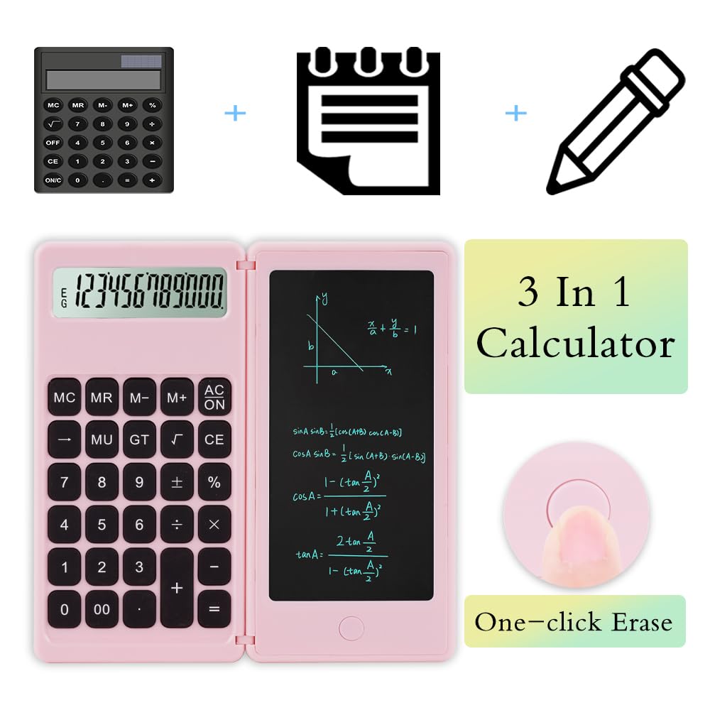 Desk Calculator, Desktop Small Calculators with Writing Notepad, Basic 4-Function Math Large Button Calculator, School Supplies for Kids, Middle/High School Students (Pink)